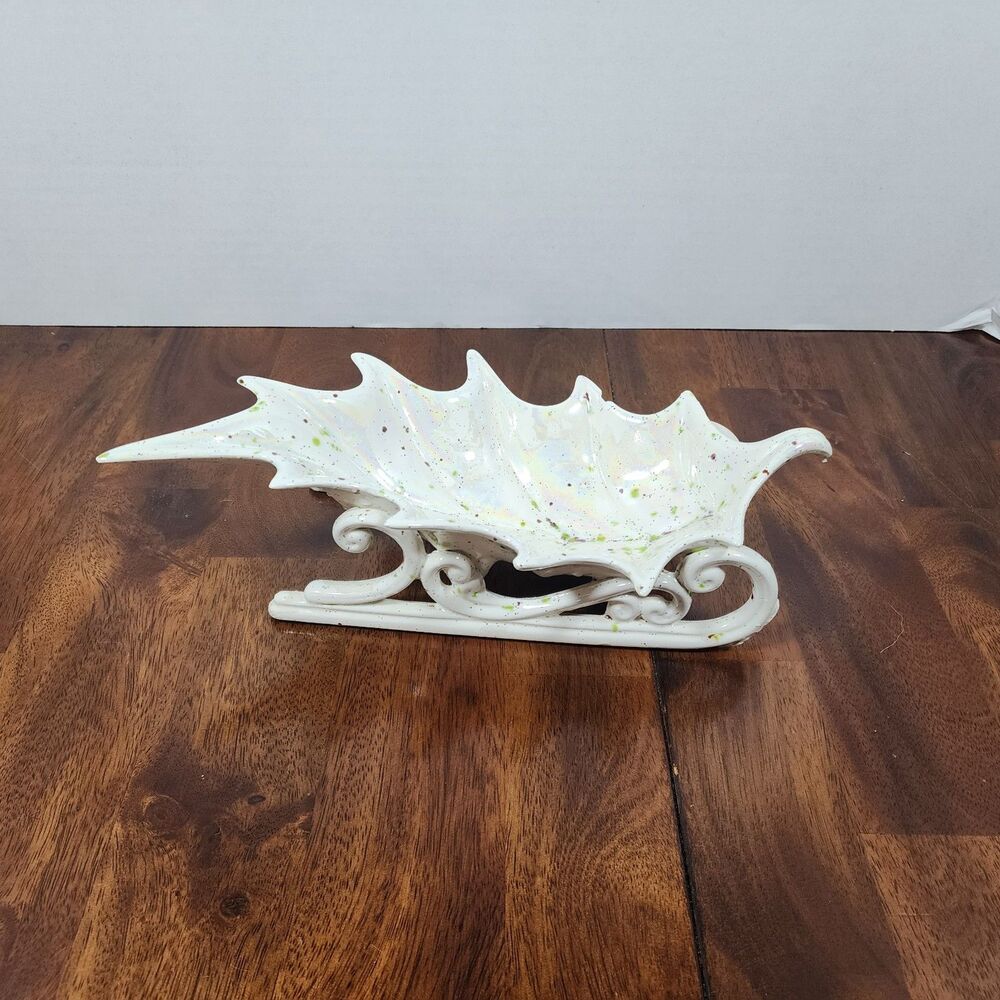 Atlantic Mold Off-White Ceramic Holly Leaf Sleigh 11in  Candy Dish Vintage